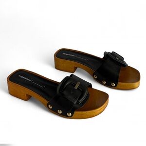 INTENTIONALLY BLANK Black Leather Slide with Wood Block Heel